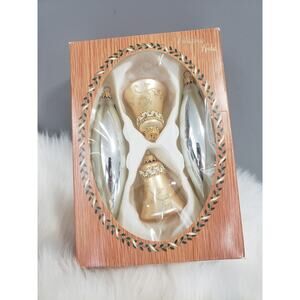 CHRISTMAS KREBS 4 Glass Bell Ornaments Floral Gold Glitter‎ Vintage Silver Tear